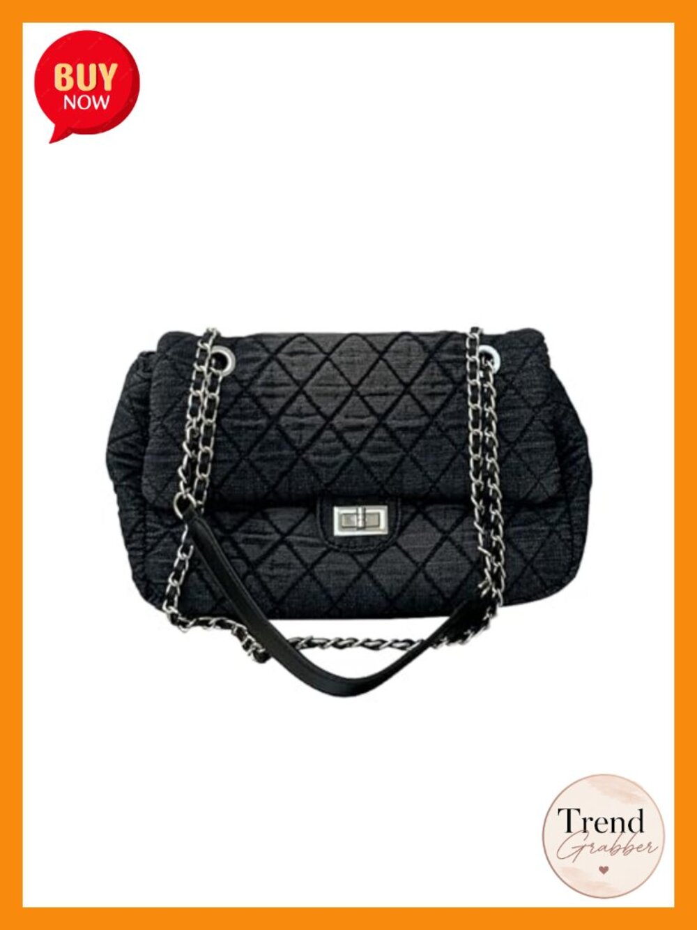 Quilted Denim Shoulder Bag with Chain Strap, Crossbody Tote Handbag